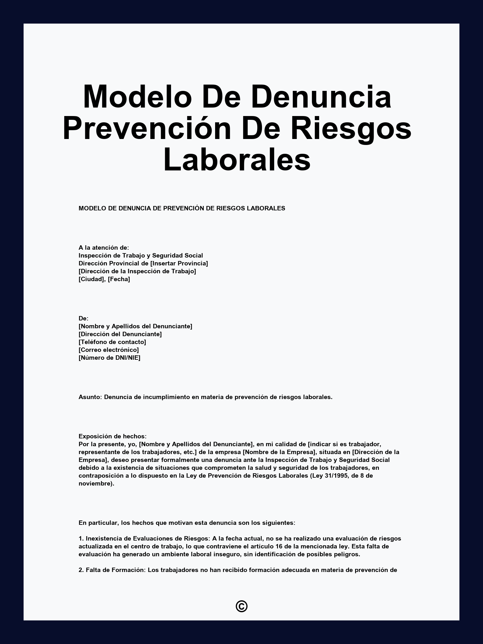 Modelo De Denuncia Prevención De Riesgos Laborales
