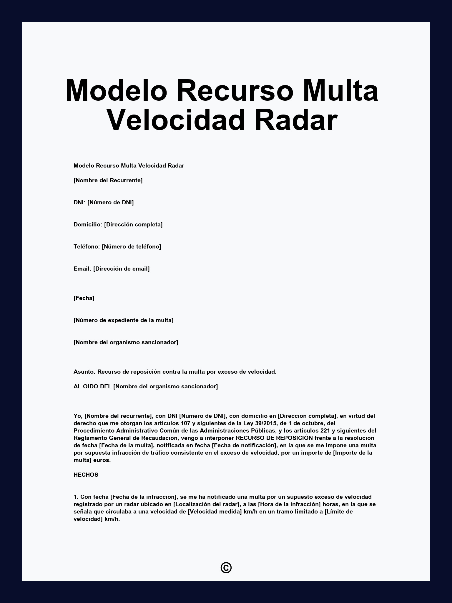Modelo Recurso Multa Velocidad Radar